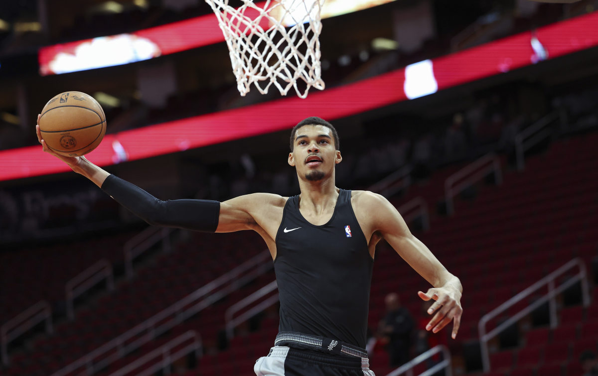 Dec 11, 2023; Houston, Texas, USA; San Antonio Spurs center Victor Wembanyama (1) warms up before the game against the Houston Rockets at Toyota Center.